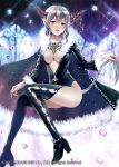  1girl blush breasts cape character_request cleavage demon_girl earrings fukahire_sanba fur high_heels horns jewelry kaku-san-sei_million_arthur legs long_legs necklace open_mouth pointy_ears shoes short_hair silver_hair sitting smile solo tail thighhighs thighs yellow_eyes 