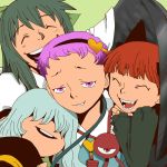  cat_ears closed_eyes eyes_closed face green_hair hair_over_eyes hairband happy heart jpeg_artifacts kaenbyou_rin komeiji_koishi komeiji_satori laughing long_hair multiple_girls nurearare onikobe_rin open_mouth purple_eyes purple_hair red_hair reiuji_utsuho short_hair siblings silver_hair sisters smile third_eye touhou 