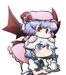  apron blue_eyes blue_hair blush_stickers bow braid chibi cup dress hair_bow hat hat_bow izayoi_sakuya multiple_girls nura_(oaaaaaa) person_on_head red_eyes remilia_scarlet simple_background smile teacup touhou transparent_background wings 