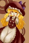  :d adjusting_glasses aenobas apron bad_id bangs bespectacled blonde_hair buttons glasses hammer_(sunset_beach) hat highres kirisame_marisa long_hair long_sleeves open_mouth simple_background smile solo touhou waist_apron witch witch_hat yellow_eyes 