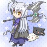  animal_ears armor axe blush cat cat_ears cat_tail cathead chibi dog_days fang kuma_(happylocation) leonmitchelli_galette_des_rois silver_hair tail weapon yellow_eyes 