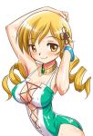  blonde_hair casual_one-piece_swimsuit denden_(dendenden) drill_hair long_hair mahou_shoujo_madoka_magica one-piece_swimsuit smile swimsuit tomoe_mami twin_drills twintails yellow_eyes 