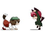  all_fours animal_ears blush_stickers bow braid brown_eyes brown_hair cat_ears cat_tail chen chibi dress fighting fighting_stance frills hair_bow hat kaenbyou_rin multiple_girls nura_(oaaaaaa) open_mouth red_eyes red_hair redhead shadow sharp_teeth simple_background tail touhou 