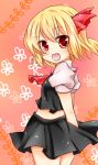  arms_behind_back ascot blonde_hair bow chiya dress fang hair_ribbon midriff open_mouth ribbon rumia short_hair skirt smile solo the_embodiment_of_scarlet_devil touhou youkai 