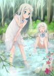  barefoot blue_eyes blush closed_eyes dress dual_persona eyes_closed fllay forest highres honma_meiko long_hair nature open_mouth panties pantyshot pantyshot_(sitting) pantyshot_sitting pink_panties ribbon silver_hair sitting smile underwear v wading water young 