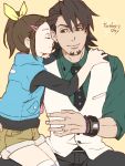  age_difference bow brown_eyes brown_hair closed_eyes eyes_closed facial_hair father_and_daughter hair_bow hair_ornament hairclip jewelry kaburagi_kaede kaburagi_t_kotetsu necktie ponytail ring shorts smile stubble tegaki tiger_&amp;_bunny vest watch wristwatch young 