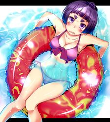  bikini blush eyebrows hime_eyebrows innertube kamiki_izumo long_hair natsu_(anta_tte_hitoha) open_mouth ponytail pool purple_hair short_eyebrows solo swimsuit water wavy_mouth 