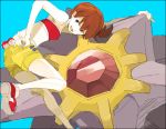  1girl ass badge badge_(pokemon) blue_eyes cascade_badge gym_leader_badge kasumi_(pokemon) looking_back midriff poke_ball pokemon pokemon_(creature) pokemon_(game) pokemon_rgby red_hair redhead shorts side_ponytail smile starmie staryu tsu_da tubetop waist_poke_ball 