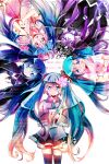  aqua_eyes aqua_hair bad_id black_hair black_rock_shooter blue_eyes circle_formation detached_sleeves flower hair_flower hair_ornament hat hatsune_miku highres koiiro_byoutou_(vocaloid) konntyann long_hair multiple_girls necktie nisoku_hokou_(vocaloid) nurse open_mouth purple_hair sheet_music skirt smile stuffed_animal stuffed_toy syringe thigh-highs thighhighs twintails vocaloid world_is_mine_(vocaloid) zettai_ryouiki 