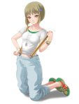  alternate_costume ami_(kawasemidori) blonde_hair green_eyes hair_ornament hairclip highres huang_baoling jewelry necklace no_socks shoes short_hair simple_background sneakers solo suspenders t-shirt tiger_&amp;_bunny white_background yin_yang 