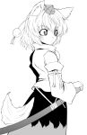  animal_ears bare_shoulders detached_sleeves fuantei hat inubashiri_momiji monochrome serious short_hair skirt solo tail tokin_hat touhou turning white_hair wolf_ears wolf_tail 