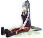  bad_id belt boots green_eyes green_hair hat hatsune_miku kibamigohann long_hair mini_top_hat necktie sitting solo top_hat very_long_hair vocaloid 