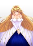  arcueid_brunestud bare_shoulders blonde_hair breasts cleavage collarbone detached_sleeves dress hands_together highres jeong_weon long_hair red_eyes simple_background solo strapless_dress tsukihime wink 