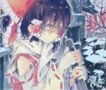  bow broom detached_sleeves drawr hair_tubes hakurei_reimu japanese_clothes miko perfect_cherry_blossom scarf short_hair snow solo sweeping touhou winter 