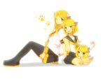  adult animal_ears blonde_hair blue_eyes cat_ears cat_tail hair_ornament hairclip kagamine_rin kemonomimi_mode multiple_persona short_hair sitting skirt smile tail thigh-highs thighhighs time_paradox vocaloid wink yukishiro_(1802-shin) zettai_ryouiki 