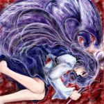  angel angel_wings barefoot blue_hair dress fetal_position light_smile long_hair lying nanashii_(soregasisan) sariel solo staff touhou touhou_(pc-98) traditional_media weapon wings 