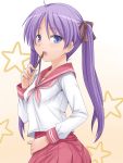  :o ahoge bad_id bangs blue_eyes blush eating embarrassed flat_chest food gradient gradient_background hair_ribbon hand_on_hip hasu_(hk_works) highres hiiragi_kagami long_hair looking_at_viewer looking_back lucky_star necktie open_mouth parted_bangs pleated_skirt pocky purple_hair ribbon school_uniform serafuku skirt solo star sweatdrop tsurime twintails very_long_hair 