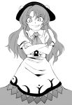 ascot crossed_arms food food_themed_clothes fruit fuantei grin hat hinanawi_tenshi long_hair long_skirt monochrome peach skirt smile solo touhou