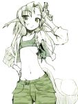  camouflage carbuncle facial_mark final_fantasy flat_chest gem grin gun hand_on_hip hips jacket midriff monochrome navel pen_(artist) personification short_hair smile tail tank_top weapon 