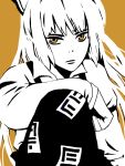  brown_eyes close-up expressionless fujiwara_no_mokou monochrome sachi_matsu simple_background sitting solo spot_color tegaki touhou 