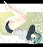  1girl bad_id barefoot blush gingami goggles goggles_on_head green_eyes green_hair gumi hoodie nagomi_no_ame short_hair shorts solo upside-down vocaloid 