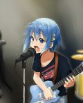  alternate_costume band blue_eyes blue_hair casual collarbone guitar hair_ornament hairclip instrument kagiana mahou_shoujo_madoka_magica microphone microphone_stand miki_sayaka on_stage open_mouth performance short_hair solo sweat 