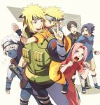  age_difference blonde_hair closed_eyes eyes_closed father_and_son forehead_protector green_eyes happy haruno_sakura hatake_kakashi headband mask namikaze_minato naruto naruto_shippuuden oba-min pink_hair sai silver_hair smile team7 uchiha_sasuke uzumaki_naruto young 