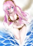  1girl bikini blue_eyes breasts cleavage cute front-tie_top headphones headset long_hair megurine_luka microphone nakahira_guy navel pink_hair project_diva side-tie_bikini solo splash splashing swimsuit vocaloid wading water 