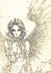  breasts cleavage elbow_gloves face gloves graphite_(medium) lips long_hair monochrome navel petals phong_anh rose_petals shahrazad_al-rahman solo traditional_media trinity_blood wings 