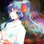  aerial_fireworks aqua_eyes aqua_hair blush dribble fireworks flower hair_flower hair_ornament hatsune_miku japanese_clothes kimono long_hair side_ponytail solo vocaloid 