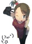  breasts brown_eyes brown_hair china_dress chinese_clothes dress elbow_gloves foreshortening futami_ami gloves idolmaster maitake_(loose) side_ponytail smile solo thighhighs tongue v wink 