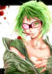  bokura_no_16bit_warz_(vocaloid) breasts broken_glass cleavage collarbone glass goggles green_eyes green_hair gumi headset letterboxed satoru0612 short_hair smile unzipped vocaloid 