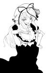  bow breasts cleavage closed_fan collarbone dress fan folding_fan fuantei hair_bow hand_on_hip hat hat_ribbon hips large_breasts long_hair monochrome naughty_face payot ribbon smile solo touhou yakumo_yukari 