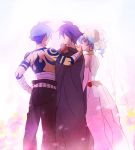  blue_hair boota cloak dress flower good_end husband_and_wife kamina mosako multicolored_hair nia_teppelin shirtless simon tattoo tengen_toppa_gurren_lagann two-tone_hair veil wedding_dress 