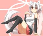  1girl animal_ears black_legwear blush cake chestnut_mouth food gauntlets hat highres inubashiri_momiji looking_at_viewer mii_(makosuke) no_shoes open_mouth pillow pink_eyes shirt short_hair silver_hair skirt solo tail thighhighs tokin_hat touhou wolf_ears wolf_tail zettai_ryouiki 