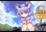  :&lt; animal_ears cloud clouds colored_eyelashes flying_saucer hands_on_knees letterboxed mouse mouse_ears mouse_tail nazrin qontamblue rooftop sky solo space_craft squatting stare tail touhou ufo unzan v 