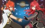  :o ahoge asch coat fingerless_gloves gloves green_eyes logo long_hair luke_fon_fabre male multiple_boys nibanboshi open_mouth pants payot red_hair redhead style_parody surcoat symmetry tabard tales_of_(series) tales_of_the_abyss title_drop 