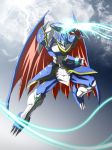  armor bracelet claws clenched_hand clouds digimon digimon_adventure_v-tamer digimon_adventure_v-tamer_01 digimon_savers dragon_wings energy fist gauntlets highres horns jewelry lightning red_eyes sky solo takayuuki ulforceveedramon wings 
