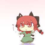  animal_ears blush_stickers bow bowtie braid cat_ears cat_tail chibi dress extra_ears fang fighting_stance hair_bow hazuki_ruu kaenbyou_rin multiple_tails open_mouth red_eyes red_hair redhead shadow simple_background solo tail touhou 