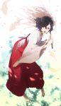  bad_id black_hair fish gohei hakama haraegushi japanese_clothes male miko mu_tation open_mouth petals purple_eyes ribbon_choker sandals shide short_hair solo steins;gate trap urushibara_luka urushibara_ruka violet_eyes 