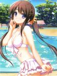  1girl absurdres alpha_(yukai_na_nakamatachi) bikini bikini_skirt breasts brown_hair cleavage halterneck highres kimi_to_issho_ni pool poolside swimsuit tachibana_akane tagme tent twintails violet_eyes water 