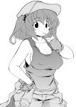  breasts cleavage collarbone drinking fuantei gloves hair_bobbles hair_ornament hat jacket_around_waist juice_box kawashiro_nitori large_breasts monochrome short_hair sideboob sleeveless solo straw tank_top touhou twintails 
