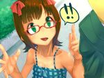  amami_haruka bare_shoulders bespectacled bow breasts brown_hair cleavage glasses green_eyes hair_bow idolmaster maitake_(loose) open_mouth producer_(idolmaster) short_hair smile 