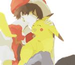  1boy black_hair closed_eyes forehead_kiss grin hat jeans kiss male pikachu pokemon pokemon_(creature) pokemon_(game) red_(pokemon) red_(pokemon)_(classic) short_hair simple_background smile tsu_da 