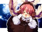  :d ^_^ animal_ears bad_id blush closed_eyes cloud clouds dress eyes_closed fang frills from_above full_moon happy hat matatabi_maru moon mystia_lorelei night open_mouth pink_hair short_hair smile solo touhou wings 