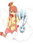  apple blue_eyes breasts cosplay food fruit fuuro_(pokemon) hair_ornament holding holding_apple holding_fruit iris_(pokemon) iris_(pokemon)_(cosplay) pokemon pokemon_(game) pokemon_black_and_white pokemon_bw red_hair redhead 