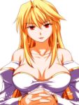  arcueid_brunestud bad_id bare_shoulders blonde_hair breasts collarbone detached_sleeves dress hands_clasped kurokemono long_hair red_eyes simple_background solo strapless_dress tsukihime 