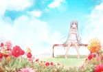  aqua_eyes aqua_hair bad_id barefoot bench cloud clouds dress eida@renshuuchuu flower grass hatsune_miku long_hair sitting sky solo twintails very_long_hair vocaloid 