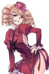  blonde_hair blue_eyes breasts curly_hair dress drill_hair frills gaap grin hand_on_hip hat hips large_breasts mini_top_hat side_slit sideboob smile solo top_hat umineko_no_naku_koro_ni wanko_(pixiv) 