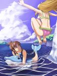  aerodog akizuki_ritsuko barefoot bikini blonde_hair brown_eyes brown_hair cloud clouds dolphin feet hoshii_miki idolmaster inflatable_dolphin inflatable_toy inu_(aerodog) jumping long_hair multiple_girls no_glasses ocean one-piece_swimsuit outstretched_arms ponytail sky soles spread_arms swimsuit water 